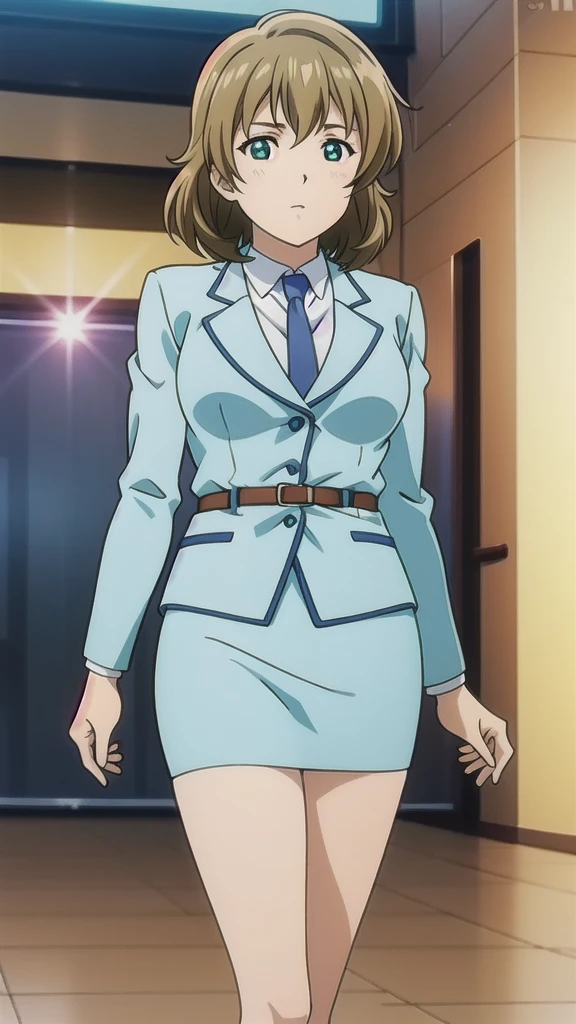 Brown Hair、 Medium Hair、Green Eyes，悲しいface， Full Body Style 、 normal breasts、 narrow waist 、Bare legs、In a suit、 blue jacket ,襟付きshirt, shirt, yellow tie ,belt,,  Blue Mini Pencil Skirt, black tights，White pumps，My legs are slightly flabby， official art, Extremely High Definition CG Unity 8k Wallpaper,  full light, colorful , bright _ Front_face_Lighting,  shiny skin, ( masterpiece:1.0),(Highest_quality:1.0), 超 high resolution on down,4K,Ultra-detailed, photo shoot, 8k,  high resolution on down,  high resolution on down,  absurd:1.2,  Kodak Portra 400,  film grain,  blurry background, Bokeh:1.2,  lens flare , (Vibrant_ color:1.2), Professional photography,Anime Images、