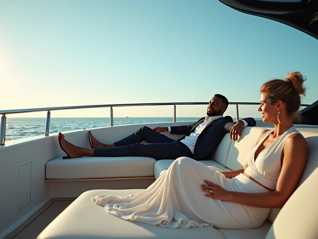 CREATE AN ULTRAREALISTIC IMAGE showing off your yacht, with an executive man dressed in blue with a wizard&#39;s cloak, baldie, with women lying down sunbathing, LINDA PARKED NEXT TO GOLD BARS and dollars next to it, rubies and emeralds, convey depth, IN THE BACKGROUND A BEAUTIFUL MANSION with modern architecture, WITH 2 elegant WOMEN with sinuous curves and dressed in long dresses NEXT TO THE BMW A HANDSOME YOUNG WIZARD IN BLUE CLOTHES AND FULL OF JEWELS, PERFECT WIZARD HANDS WITH 5 FINGERS. Emphasize richness and sensuality, show a lake next to it with yacht