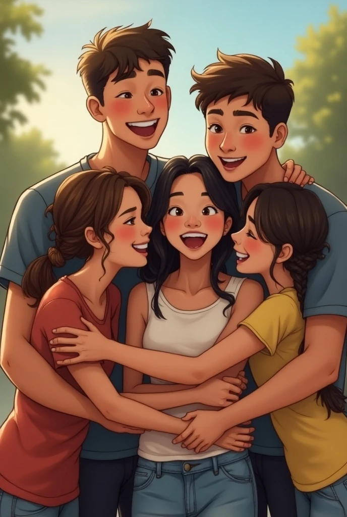 Create a lineart illustration Scene: Show Sarah, Marine, and Josh gathered in the living room of the Finnin residence, with Sarah and Marine smiling and hugging Josh. The dining table could be in the background, with details of food and drinks that Josh has prepared (or bought), symbolizing the comfort and lightness of the moment.