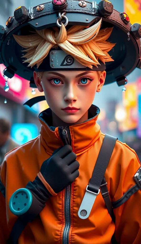 Naruto Uzumaki, age 16, portrait from chest to hips, wearing orange and black jacket with zipper, ninja tool pouch, young ninja with spiky blonde hair and whisker marks, caught in the rain, intense blue eyes, water droplets on face, dramatic bokeh background, hyperrealistic 3D render