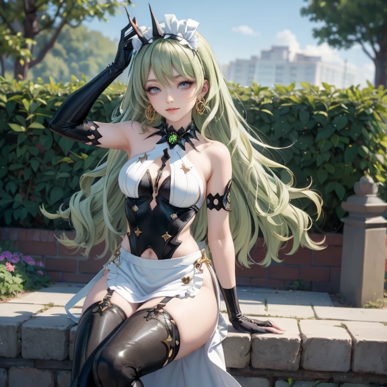 Mobius (honkai impact), honkai (series), honkai impact 3rd, asymmetrical gloves, bangs, earrings, elbow gloves, solo, gloves, green eyes, green hair, hair between eyes, jewelry, long hair, looking at viewer, 1girl, dress, jewelry, glow hair, garden scenery, flowing hair, ahoge, armpits, Cute pose, sitting on the grass, Showing the whole body, Front view, maid dress, maid white apron, Beautiful Eyes, Plump and glossy lips, maid dress with too many frills, black dress, white laces, green gem, frills, garden scene, gold jewelry, more details, best quality, Big sparkling eyes, blushing, sparkle, solo, centered girl, maid, maid dress, maid headband, cowboy shot, frills, luxury details, gold jewelry, more details, best quality, Big sparkling eyes, blushing, sparkle, centered girl, maid dress, solo, stomach, strapless, streaked hair, thigh gap, thighs, tube top, very long hair