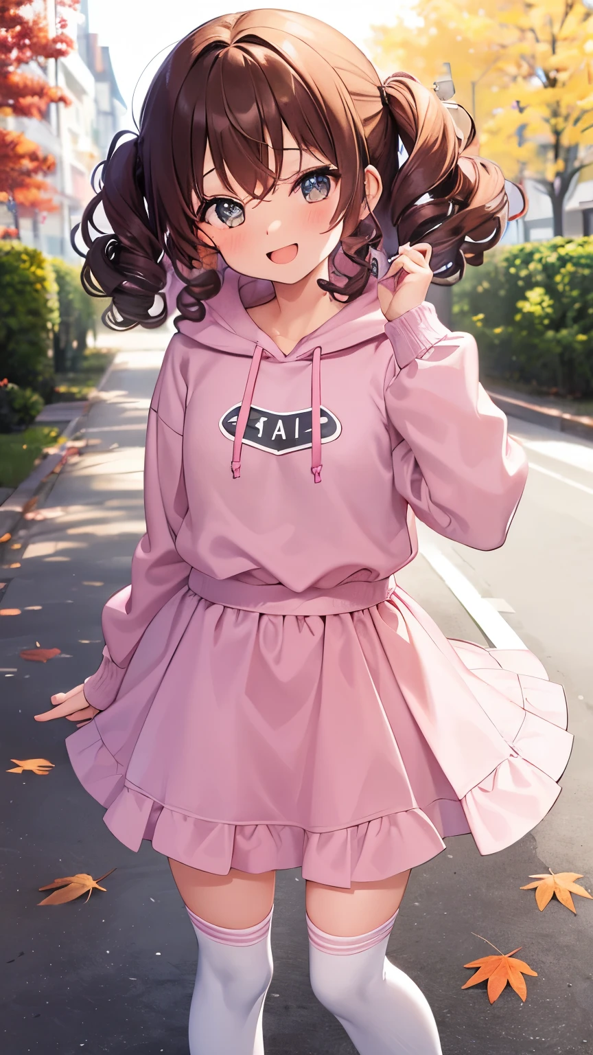  a very young girl ， short stature ， toddler figure ，(( two side up)))，Brown Hair，エメラルドのeye，Pose，plain pink long hoodie， denim miniskirt， white knee socks，close ~ eye,smile,studio,((Alone)).((curly hair:1.2)),(()), Big Eye， autumn park， fall leaves for vaginal discharge， with a playful gesture ，