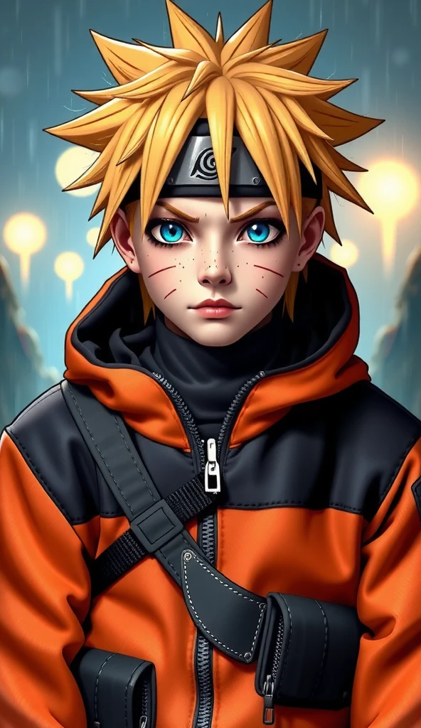 Naruto Uzumaki, age 16, portrait from chest to hips, wearing orange and black jacket with zipper, ninja tool pouch, young ninja with spiky blonde hair and whisker marks, caught in the rain, intense blue eyes, water droplets on face, dramatic bokeh background, hyperrealistic 3D render