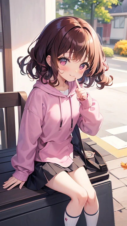  a very young girl ， short stature ， toddler figure ，(( two side up)))，Brown Hair，エメラルドのeye，Pose，plain pink long hoodie，denim short miniskirt， white knee socks，close ~ eye,smile,studio,((Alone)).((curly hair:1.2)),(()), Big Eye， autumn park， fall leaves for vaginal discharge， with a playful gesture ，