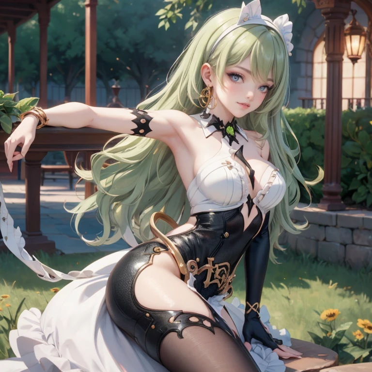 Mobius (honkai impact), honkai (series), honkai impact 3rd, asymmetrical gloves, bangs, earrings, elbow gloves, solo, gloves, green eyes, green hair, hair between eyes, jewelry, long hair, looking at viewer, 1girl, dress, jewelry, glow hair, garden scenery, flowing hair, ahoge, armpits, Cute pose, sitting on the grass, Showing the whole body, Front view, maid dress, maid white apron, Beautiful Eyes, Plump and glossy lips, maid dress with too many frills, black dress, white laces, green gem, frills, garden scene, gold jewelry, more details, best quality, Big sparkling eyes, blushing, sparkle, solo, centered girl, maid, maid dress, maid headband, cowboy shot, frills, luxury details, gold jewelry, more details, best quality, Big sparkling eyes, blushing, sparkle, centered girl, maid dress, solo, stomach, strapless, streaked hair, thigh gap, thighs, tube top, very long hair