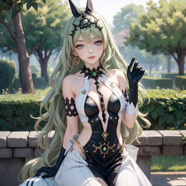 Mobius (honkai impact), honkai (series), honkai impact 3rd, asymmetrical gloves, bangs, earrings, elbow gloves, solo, gloves, green eyes, green hair, hair between eyes, jewelry, long hair, looking at viewer, 1girl, dress, jewelry, glow hair, garden scenery, flowing hair, ahoge, armpits, Cute pose, sitting on the grass, Showing the whole body, Front view, maid dress, maid white apron, Beautiful Eyes, Plump and glossy lips, maid dress with too many frills, black dress, white laces, green gem, frills, garden scene, gold jewelry, more details, best quality, Big sparkling eyes, blushing, sparkle, solo, centered girl, maid, maid dress, maid headband, cowboy shot, frills, luxury details, gold jewelry, more details, best quality, Big sparkling eyes, blushing, sparkle, centered girl, maid dress, solo, stomach, strapless, streaked hair, thigh gap, thighs, tube top, very long hair