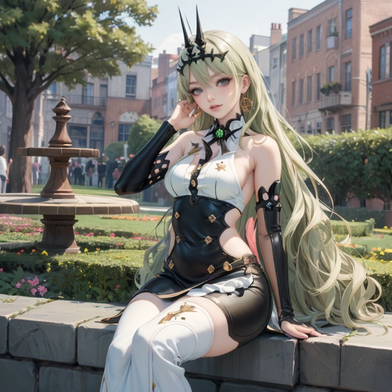 Mobius (honkai impact), honkai (series), honkai impact 3rd, asymmetrical gloves, bangs, earrings, elbow gloves, solo, gloves, green eyes, green hair, hair between eyes, jewelry, long hair, looking at viewer, 1girl, dress, jewelry, glow hair, garden scenery, flowing hair, ahoge, armpits, Cute pose, sitting on the grass, Showing the whole body, Front view, maid dress, maid white apron, Beautiful Eyes, Plump and glossy lips, maid dress with too many frills, black dress, white laces, green gem, frills, garden scene, gold jewelry, more details, best quality, Big sparkling eyes, blushing, sparkle, solo, centered girl, maid, maid dress, maid headband, cowboy shot, frills, luxury details, gold jewelry, more details, best quality, Big sparkling eyes, blushing, sparkle, centered girl, maid dress, solo, stomach, strapless, streaked hair, thigh gap, thighs, tube top, very long hair