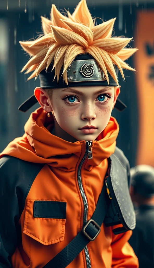 Naruto Uzumaki, age 16, portrait from chest to hips, wearing orange and black jacket with zipper, ninja tool pouch, young ninja with spiky blonde hair and whisker marks, caught in the rain, intense blue eyes, water droplets on face, dramatic bokeh background, hyperrealistic 3D render