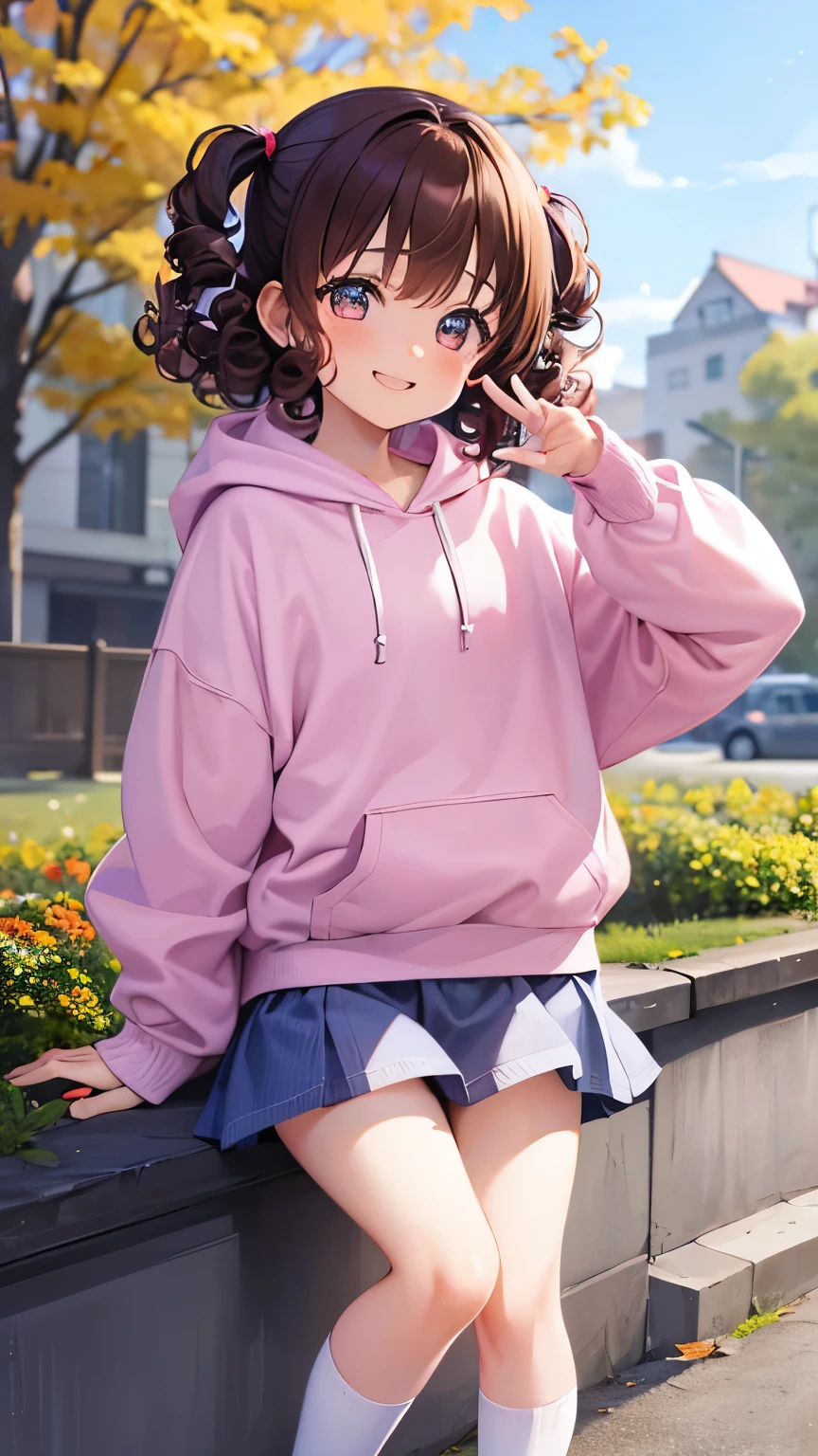  a very young girl ， short stature ， toddler figure ，Baby Face，(( two side up)))，Brown Hair，エメラルドのeye，Pose，plain pink long hoodie，denim short miniskirt， white knee socks，close ~ eye,smile,studio,((Alone)).((curly hair:1.2)),(()), Big Eye， autumn park， fall leaves for vaginal discharge， with a playful gesture ，