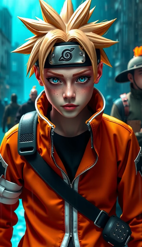 Naruto Uzumaki, age 16, portrait from chest to hips, wearing orange and black jacket with zipper, ninja tool pouch, young ninja with spiky blonde hair and whisker marks, caught in the rain, intense blue eyes, water droplets on face, dramatic bokeh background, hyperrealistic 3D render