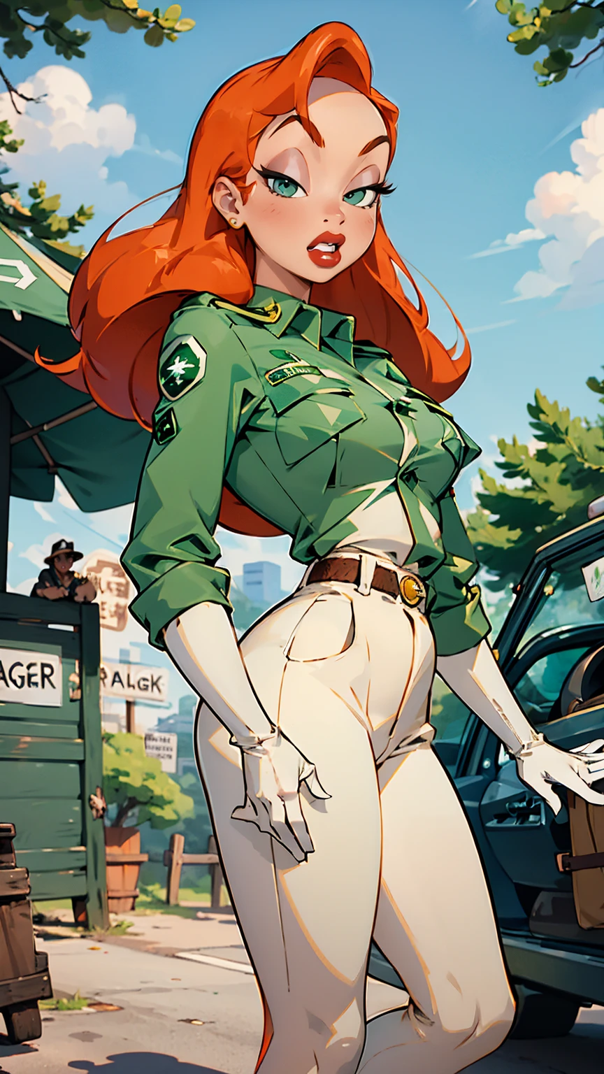 masterpiece, best quality,
1girl, jessicaranger, orange hair, long hair, green eyes, white gloves, lipstick, makeup, park ranger uniform.
le breasts focus, solo, looking at viewer, 