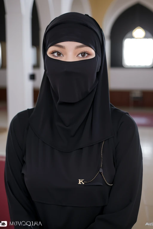 ((Best Quality, 8k, Masterpiece:1.3), Angie Marcheria), Focus:1.2, Perfect Body Beauty:1.4, Buttocks:1.2, ((Black Niqab, Black long shirt)), (at mosque), Detailed eyes, Double eyelids, whitening skin, Big breasts, perfect, tempting pose, 1 girl, night