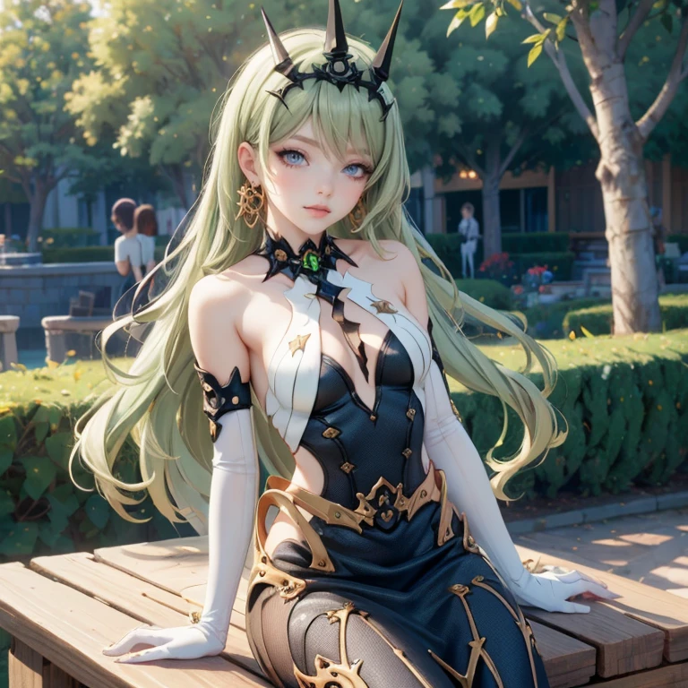 Mobius (honkai impact), honkai (series), honkai impact 3rd, asymmetrical gloves, bangs, earrings, elbow gloves, solo, gloves, green eyes, green hair, hair between eyes, jewelry, long hair, looking at viewer, 1girl, dress, jewelry, glow hair, garden scenery, flowing hair, ahoge, armpits, Cute pose, sitting on the grass, Showing the whole body, Front view, maid dress, maid white apron, Beautiful Eyes, Plump and glossy lips, maid dress with too many frills, black dress, white laces, green gem, frills, garden scene, gold jewelry, more details, best quality, Big sparkling eyes, blushing, sparkle, solo, centered girl, maid, maid dress, maid headband, cowboy shot, frills, luxury details, gold jewelry, more details, best quality, Big sparkling eyes, blushing, sparkle, centered girl, maid dress, solo, strapless, streaked hair, thigh gap, thighs, tube top, very long hair