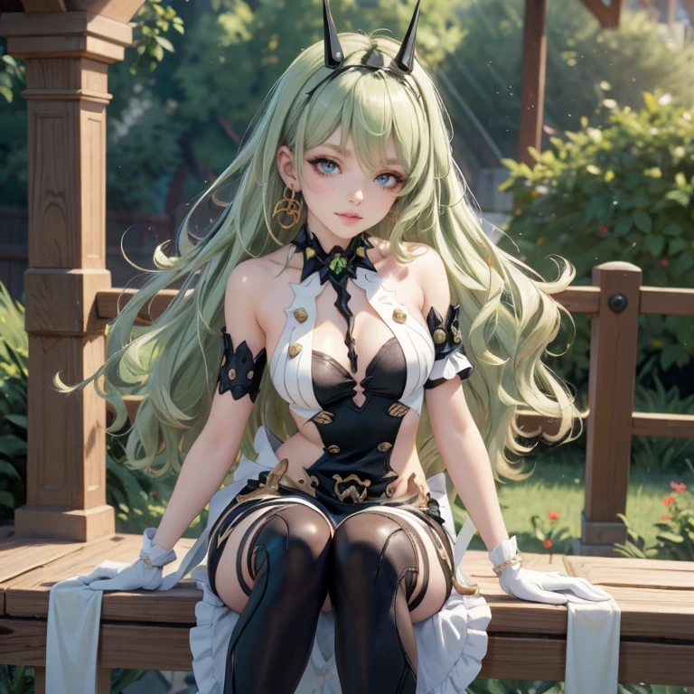 Mobius (honkai impact), honkai (series), honkai impact 3rd, asymmetrical gloves, bangs, earrings, elbow gloves, solo, gloves, green eyes, green hair, hair between eyes, jewelry, long hair, looking at viewer, 1girl, dress, jewelry, glow hair, garden scenery, flowing hair, ahoge, armpits, Cute pose, sitting on the grass, Showing the whole body, Front view, maid dress, maid white apron, Beautiful Eyes, Plump and glossy lips, maid dress with too many frills, black dress, white laces, green gem, frills, garden scene, gold jewelry, more details, best quality, Big sparkling eyes, blushing, sparkle, solo, centered girl, maid, maid dress, maid headband, cowboy shot, frills, luxury details, gold jewelry, more details, best quality, Big sparkling eyes, blushing, sparkle, centered girl, maid dress, solo, strapless, streaked hair, thigh gap, thighs, tube top, very long hair