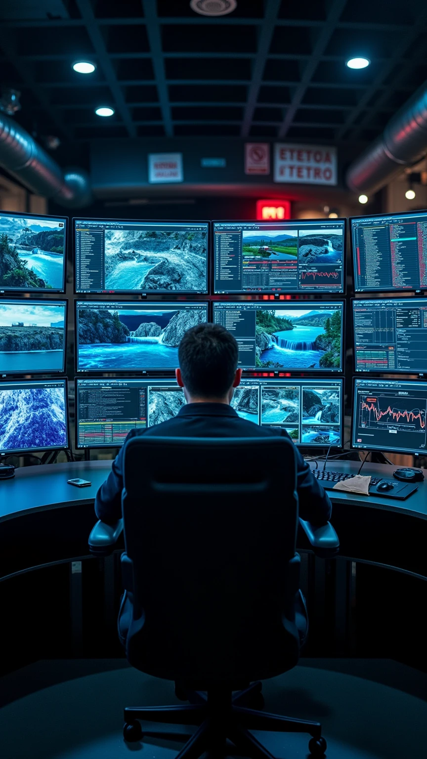 Create a photorealistic image of a professional middle-aged man sitting in a modern control room, facing an array of 8 high-resolution monitors arranged in two rows of four, displaying detailed hydroelectric power plant control interfaces with SCADA systems, real-time turbine metrics, water flow diagrams, dam monitoring systems, power output graphs, and 3D visualizations, all with dark mode UI and technical readouts, the scene lit primarily by the blue glow of the screens in a dimly lit professional control room environment, with the operator focused intently on the displays, sitting in an ergonomic chair at a modern control desk with keyboard and mouse, subtle emergency lighting in the background, and visible industrial-grade equipment and control panels, captured with cinematic composition and shallow depth of field, emphasizing the technical authenticity of the hydroelectric control systems and professional atmosphere.