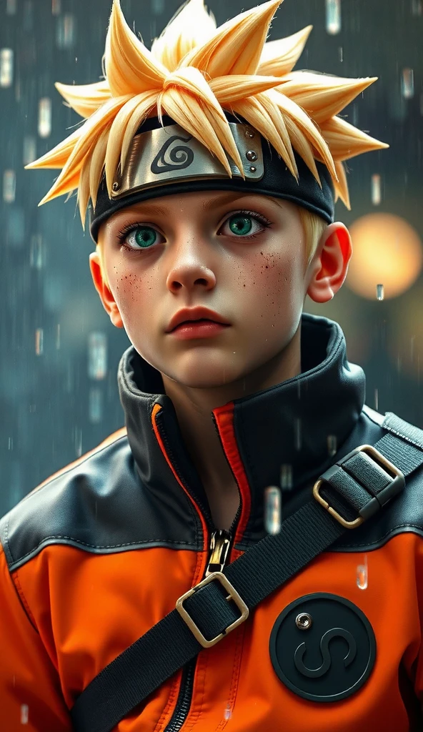 Naruto Uzumaki, age 16, portrait from chest to hips, wearing orange and black jacket with zipper, ninja tool pouch, young ninja with spiky blonde hair and whisker marks, caught in the rain, intense blue eyes, water droplets on face, dramatic bokeh background, hyperrealistic 3D render