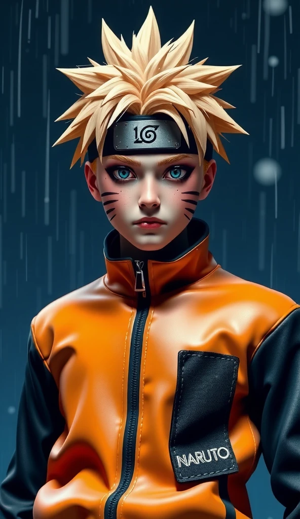 Naruto Uzumaki, age 16, portrait from chest to hips, wearing orange and black jacket with zipper, ninja tool pouch, young ninja with spiky blonde hair and whisker marks, caught in the rain, intense blue eyes, water droplets on face, dramatic bokeh background, hyperrealistic 3D render