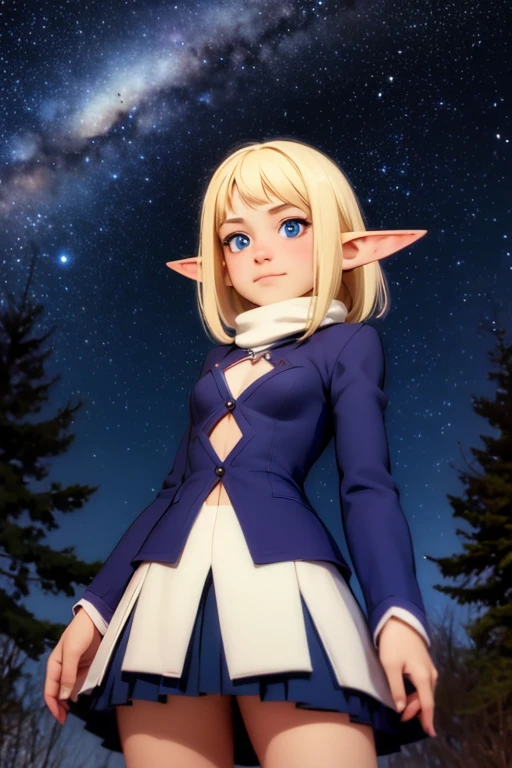  a very young girl ，baby face， Elf Ears，is short，Hilly night sky，winter，winter colors, winter landscape,  starry sky , Sky color Prussian blue Cobalt blue Purple Cyan. Planet, Bright Star, meteor, Tree tops swaying in the wind, thre beautiful blonde girl in winter clothes observes the starry sky with a dreamy look，White Breath， Girl Temptation，From below，