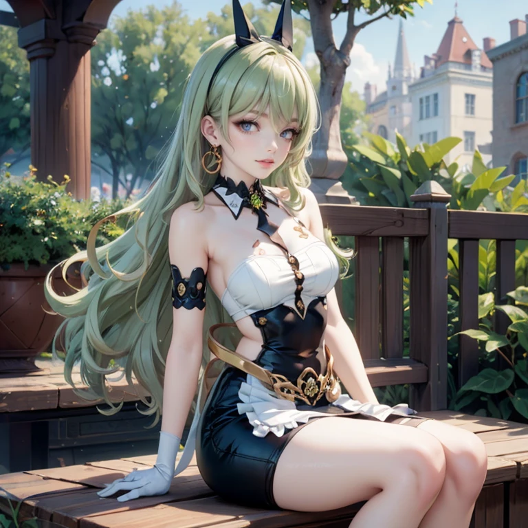 Mobius (honkai impact), honkai (series), honkai impact 3rd, asymmetrical gloves, bangs, earrings, elbow gloves, solo, gloves, green eyes, green hair, hair between eyes, jewelry, long hair, looking at viewer, 1girl, dress, jewelry, glow hair, garden scenery, flowing hair, ahoge, armpits, Cute pose, sitting on the grass, Showing the whole body, Front view, maid dress, maid white apron, Beautiful Eyes, Plump and glossy lips, maid dress with too many frills, black dress, white laces, green gem, frills, garden scene, gold jewelry, more details, best quality, Big sparkling eyes, blushing, sparkle, solo, centered girl, maid, maid dress, maid headband, cowboy shot, frills, luxury details, gold jewelry, more details, best quality, Big sparkling eyes, blushing, sparkle, centered girl, maid dress, solo, stomach, strapless, streaked hair, thigh gap, thighs, tube top, very long hair