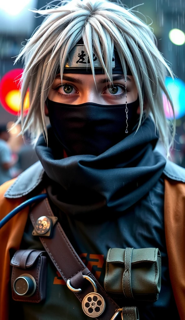 Kakashi Hatake, age 30, portrait from chest to hips, masked shinobi with silver hair and a visible dark grey eye, wearing a standard jonin vest, utility pouches on waist, raindrops glistening on his metal headband, photoreal digital art, cinematic lighting