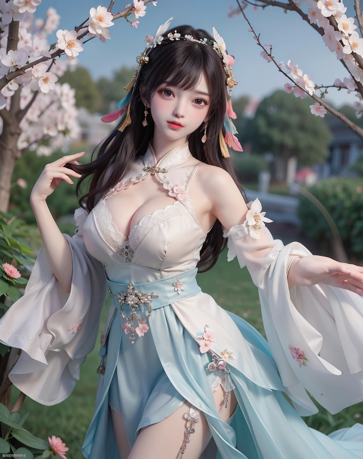 (8k, RAW photo:1.2), best quality, ultra high res,dramatic angle,(fluttered detailed color splashs), (illustration),(((1 girl))),(long hair),(rain:0.9), (Headdress:1.4),There is an ancient palace beside the girl,Hanfu,(Key Points),Color ink painting,(Splash of Color),Splash of Color,(((colorful))),(sketch:0.8) , Masterpiece, best quality, beautiful painted, highly detailed,(denoising:0.6),[splash ink],((ink refraction)), (beautiful detailed sky),moon,highly,detaild,(masterpiece, best quality, extremely detailed） CG Unity 8k Wallpaper，masterpiece，best quality，Ultra Detailed），（Lycoris）. hanfu open v open V-chested clothes Thin silk lace dress , (huge ，cleavage),, white pink and gren，best qualtiy，tmasterpiece，Ultra-high resolution，（Reality：1.4），RAW photogr，（True skin texture：1.3），（filmgrain：1.3），（Selfie angle），1个Giant Breast Girl，Beautiful eye and face details，tmasterpiece，Best quality at best，，The chest more exposed， detailed hair, bra green and pink white , detail 8k, upper body, lace petticoat