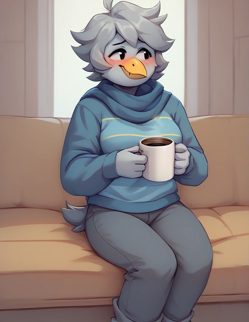 Martlet ,  Undertale Yellow , short gray hair,  Plumage Gray ,  Wings instead of arms ,  Long patalon Dark blue ,  gray bird legs ,  short gray bird tail ,  plumage around its gray neck,  yellow bird beak ,  Simple background, blush, Avián , anthropomorphic, FE, shy,  Light smile,  looking at the spectator,  Seductive smile, breasts, inside a cabin, Sitting on the couch, drinking coffee.