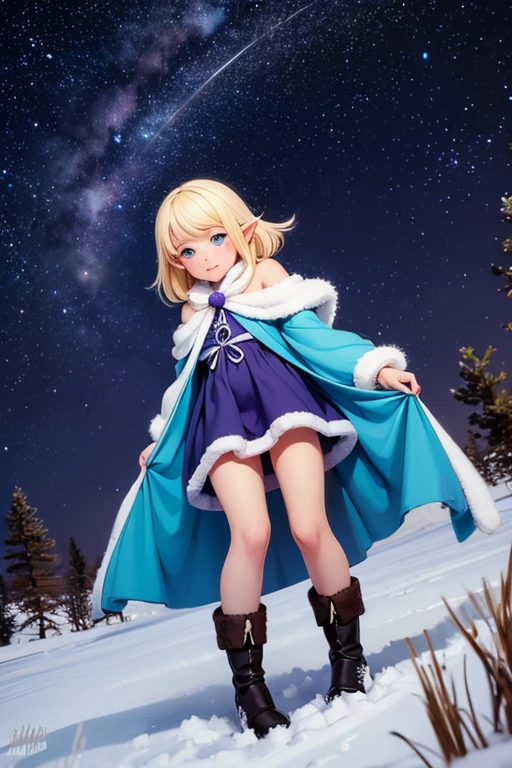  a very young girl ， short stature ，baby face， Elf Ears，is short，Hilly night sky，winter，winter colors, winter landscape,  starry sky , Sky color Prussian blue Cobalt blue Purple Cyan. Planet, Bright Star, meteor, Tree tops swaying in the wind, thre beautiful blonde girl in winter clothes observes the starry sky with a dreamy look，White Breath， Girl Temptation，From below，