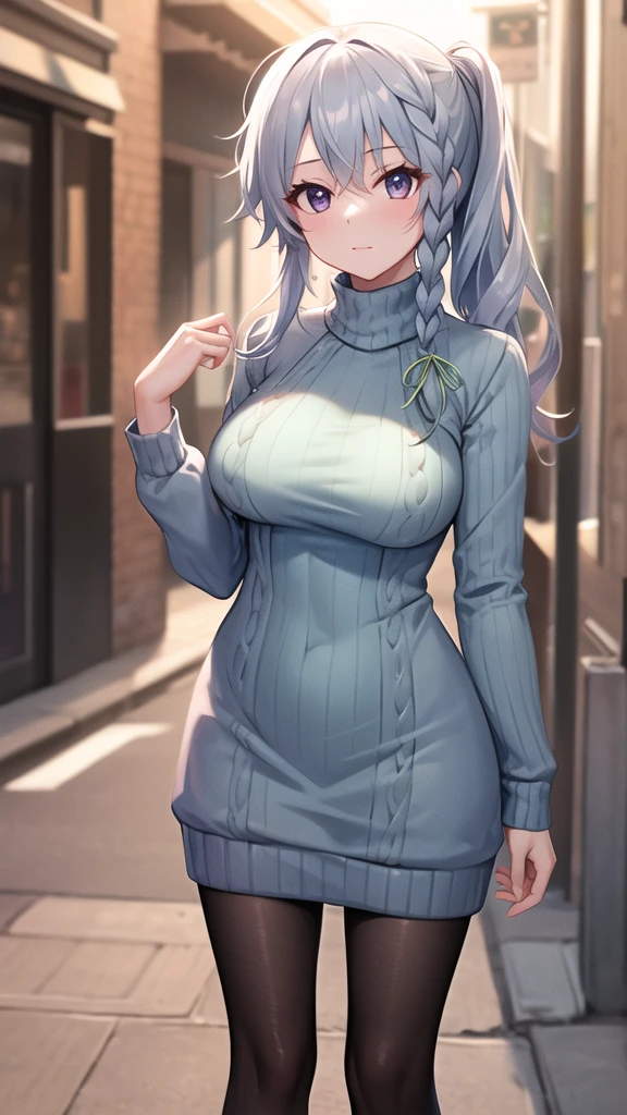 masterpiece, best quality, highres, aasora, braid, long hair, side ponytail, hair ribbon, (sweater dress:1.1), virgin killer sweater, ribbed sweater, turtleneck, street, standing, cowboy shot