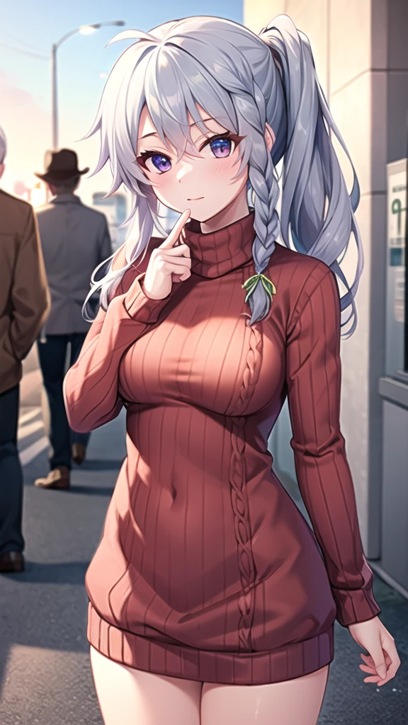 masterpiece, best quality, highres, aasora, braid, long hair, side ponytail, hair ribbon, (sweater dress:1.1), virgin killer sweater, ribbed sweater, turtleneck, street, standing, cowboy shot