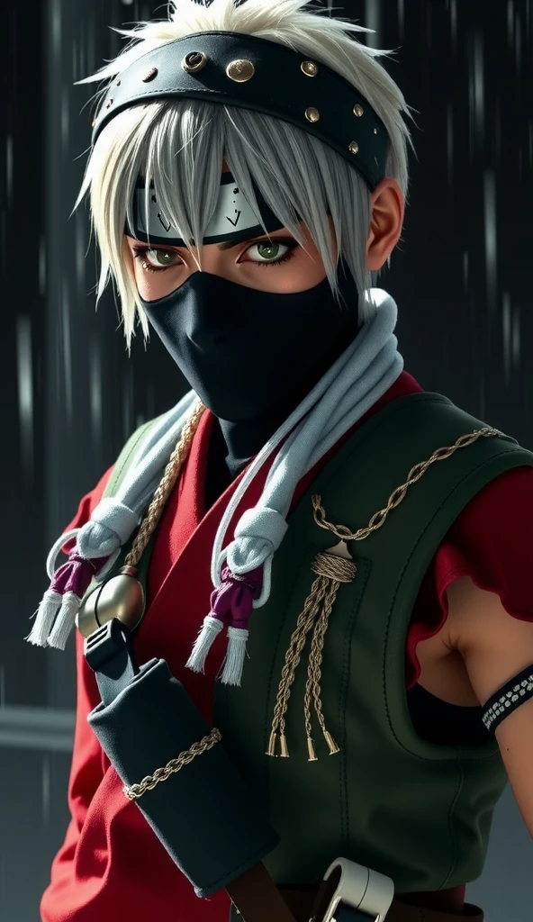 Kakashi Hatake, age 30, portrait from chest to hips, masked shinobi with silver hair and a visible dark grey eye, wearing a standard jonin vest, utility pouches on waist, raindrops glistening on his metal headband, photoreal digital art, cinematic lighting