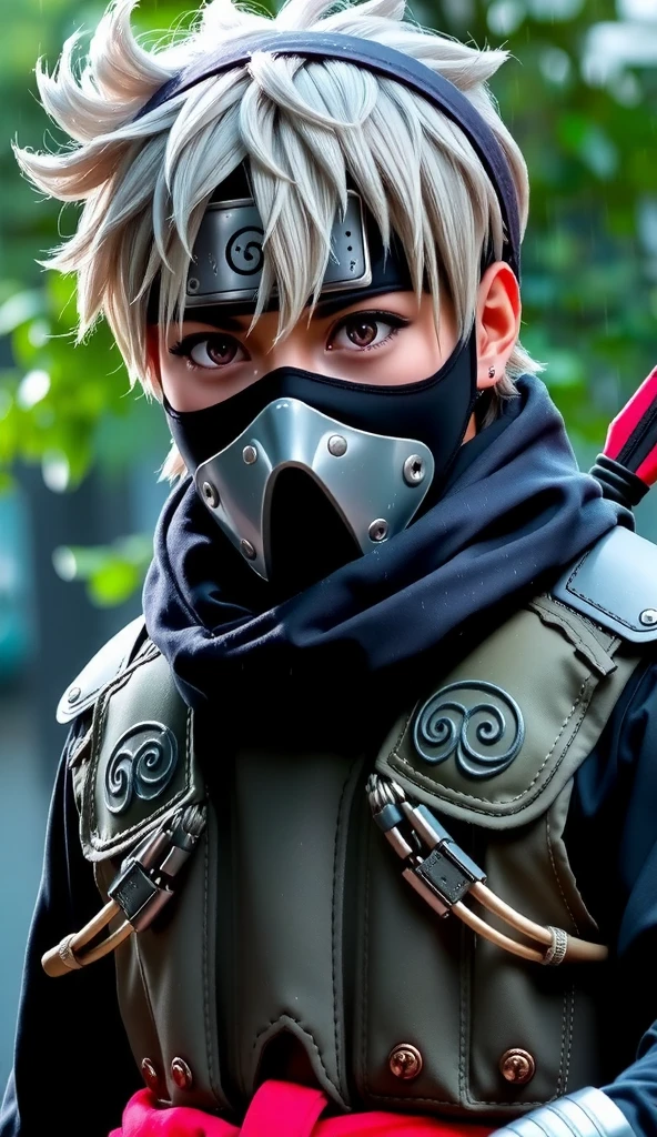 Kakashi Hatake, man, age 30, portrait from chest to hips, masked shinobi with silver hair and a visible dark grey eye, wearing a standard jonin vest, utility pouches on waist, raindrops glistening on his metal headband, photoreal digital art, cinematic lighting