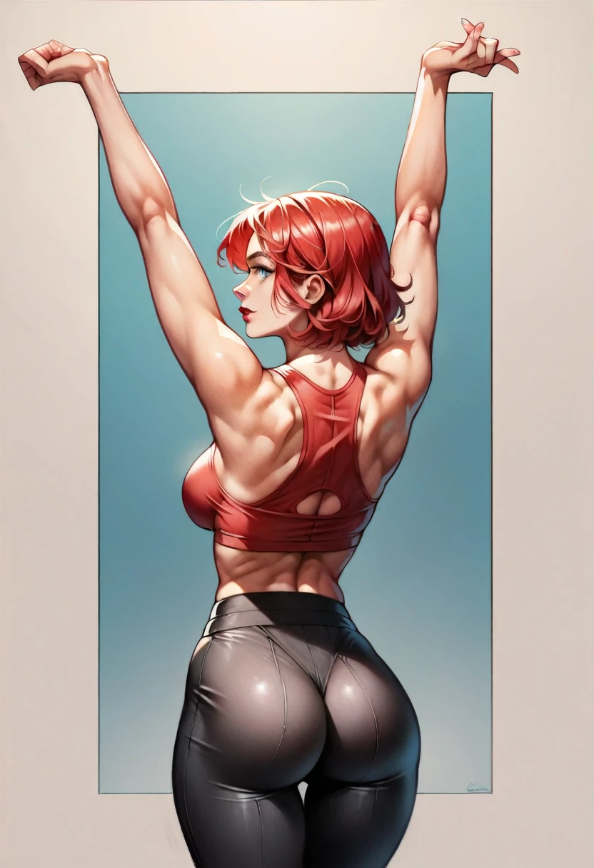 1boy, red short fluffy hair, vibrant sharp blue eyes, big sharp wolf ears, wolf tail, masterpiece, vibrant colors, shadows, bathroom setting, effeminine, sweatpants, slim waist, large butt, young, pale, male, slim, irritated blush, please make him a boy