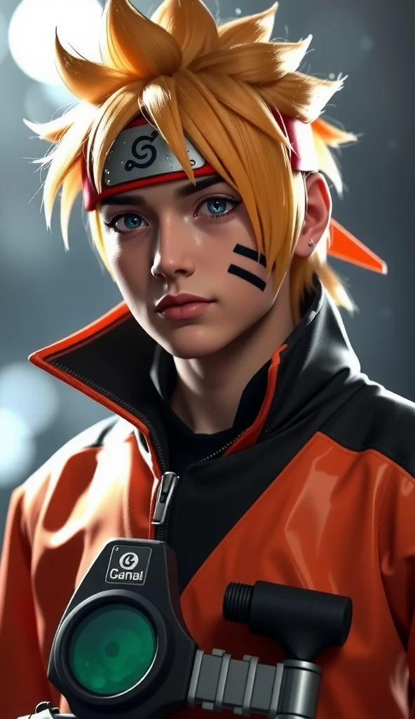 Naruto Uzumaki, man, age 16, portrait from chest to hips, wearing orange and black jacket with zipper, ninja tool pouch, young ninja with spiky blonde hair and whisker marks, caught in the rain, intense blue eyes, water droplets on face, dramatic bokeh background, hyperrealistic 3D render