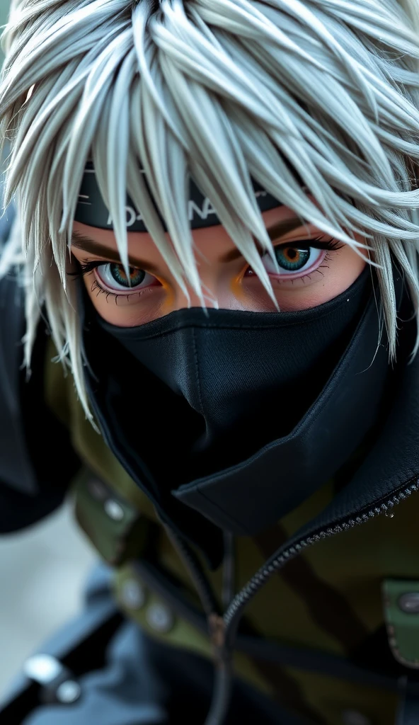 Kakashi Hatake, man, age 30, portrait from chest to hips, masked shinobi with silver hair and a visible dark grey eye, wearing a standard jonin vest, utility pouches on waist, raindrops glistening on his metal headband, photoreal digital art, cinematic lighting