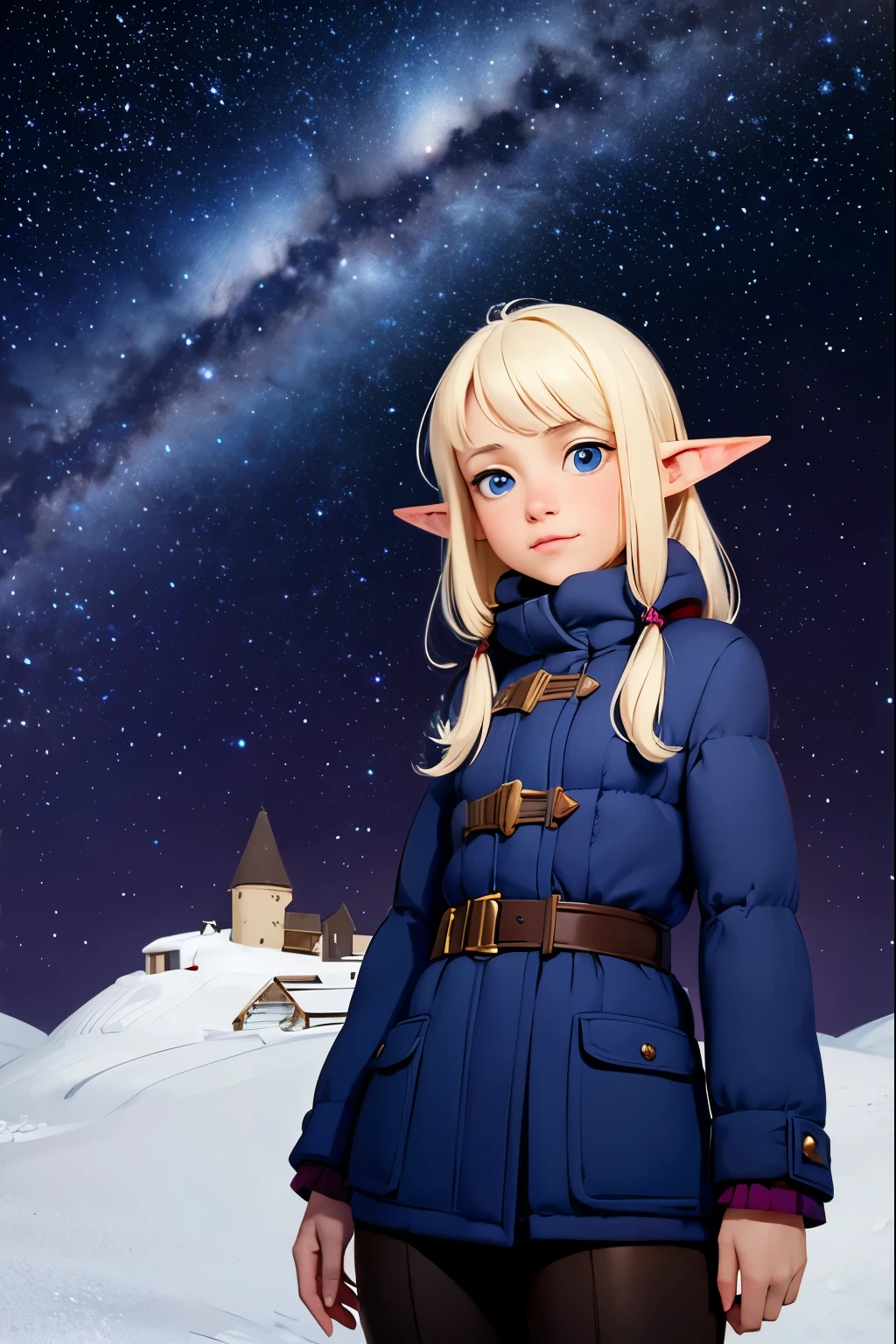  a very young girl ， short stature ，baby face， Elf Ears，is short，Hilly night sky，winter，winter colors, winter landscape,  starry sky , Sky color Prussian blue Cobalt blue Purple Cyan. Planet, Bright Star, meteor, Tree tops swaying in the wind, thre beautiful blonde girl in winter clothes observes the starry sky with a dreamy look，White Breath， Girl Temptation，From below，