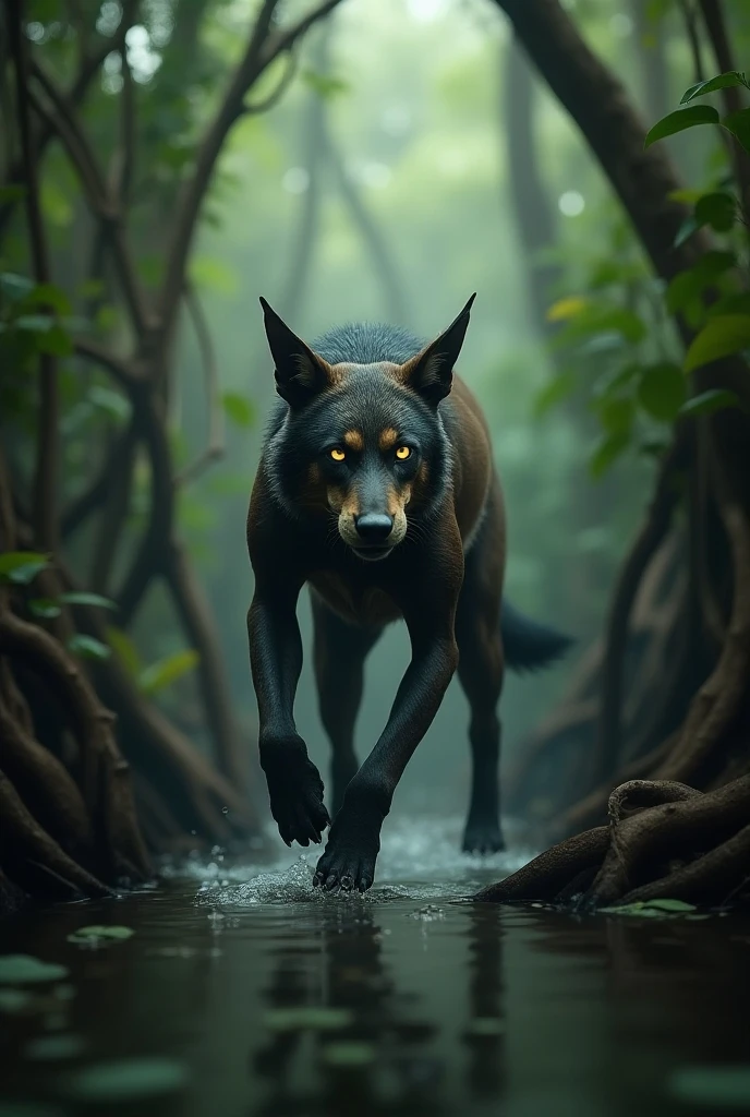 The long black dog walked facing the forest.
