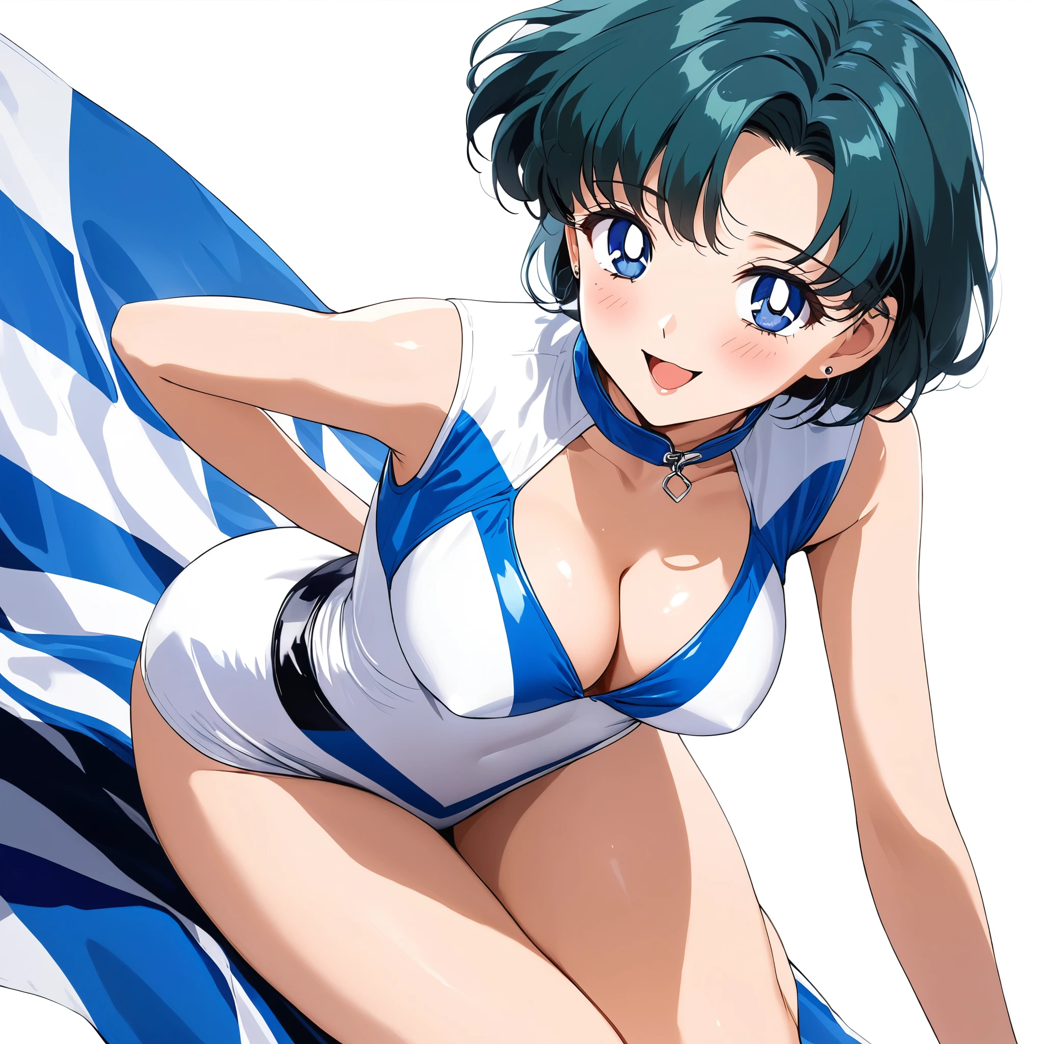 masterpiece, Best Quality, High resolution,16k,official art,super detailed skin,detailed,animated painting,(Mizuno Ami),1990s \(style\),(E-cup beautiful breasts)、 (tall:1.2),height: 175cm,Fashion model body type、blue shortcut hair,clevage,(race queen costume:1.5),Muscular,1girl、(ahegao:1.2),(Vulgar:1.2),(So stupid:1.1),(orgasm:1.2),happy,smile、Shy、Shyness,Cool look,blush,Anime-style painting style,(closeup),gigantic scale,A composition that shows the full body,cinematic lighting,Superfine,(simple white background:1.5)、(sexy:1.5),Gazing into the distance,, Captivating look, (Amazing views:1.1) ,dynamic angle,sexy pose,