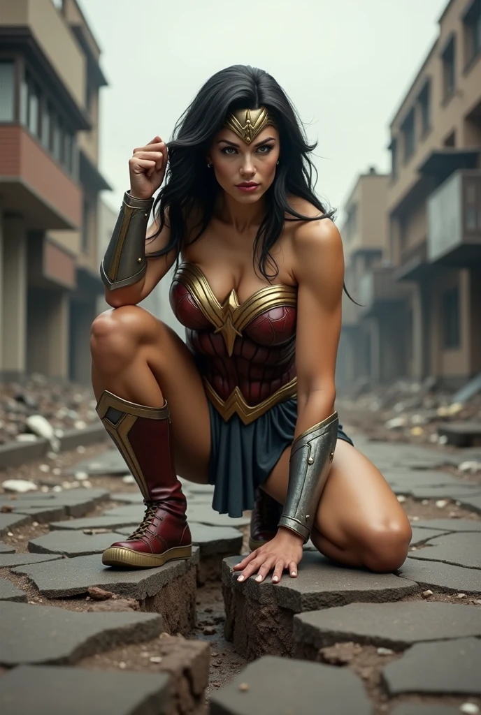 in the rubble muck and debris Covered with tentacles, teen wonder woman, Tentacles around the body, many tentacles, Fine details,Tentacled,Tied with tentacles,giant black tentacles,drooling,Crying,Detailed body,Full limbs,cameltoe