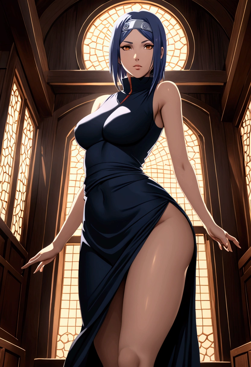 Konan de naruto shippuden, beautiful legs, impeccable lighting, thighs, sensual pose, shadows,  slit dress ,  exposed waist part ,  shading , Lighting , 8k, hdr, 4-legged , meias até as thighs,  Long dress, tablet, seductive body, thin, pantyhose, legs sexy, lifting her dress ,  big and seductive ass, jack o pose