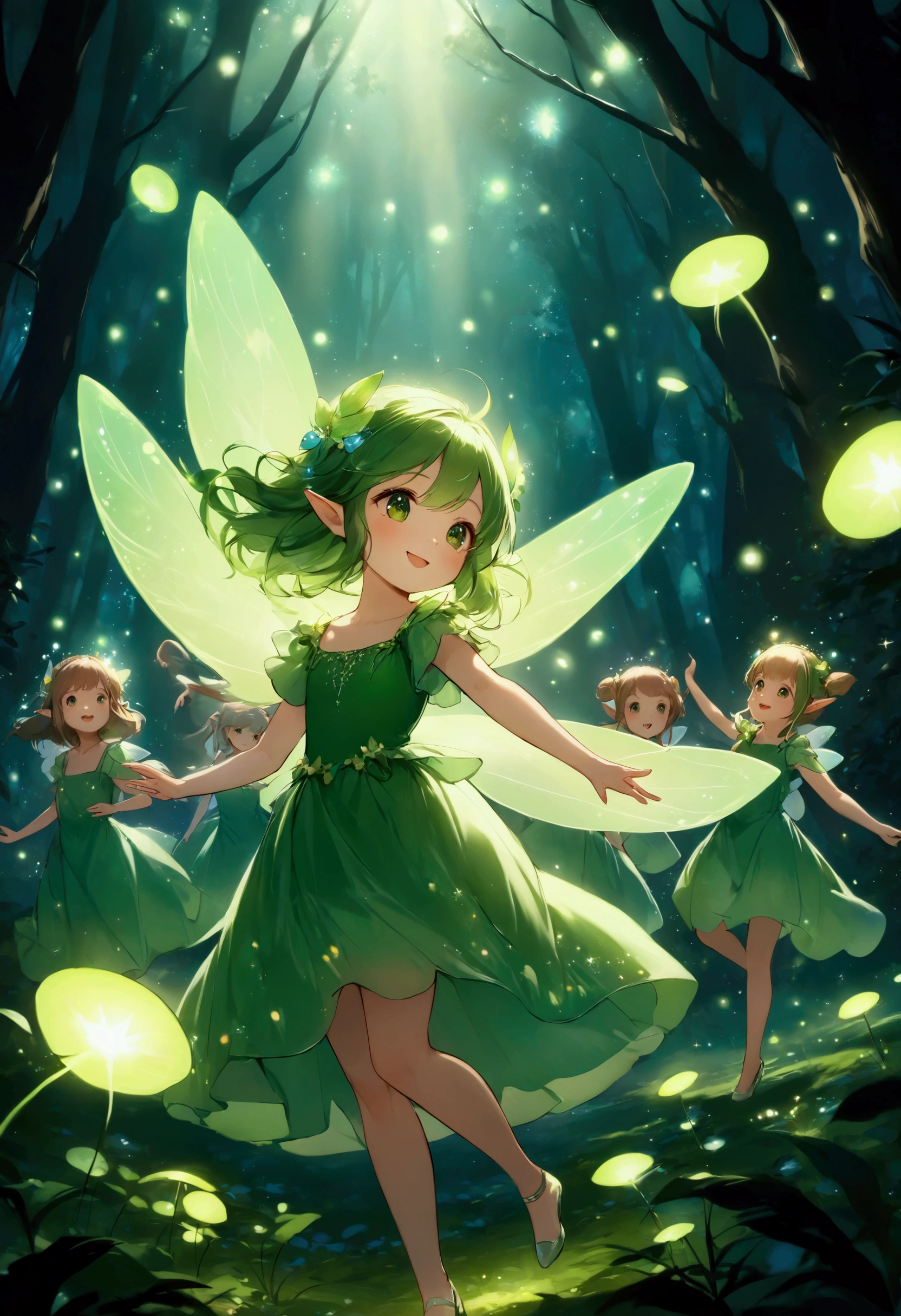 small cute 6+fairies, dancing happily upon fairy ring in the dark forest, Lots of shiny fairy dust , glowing green fairy rings