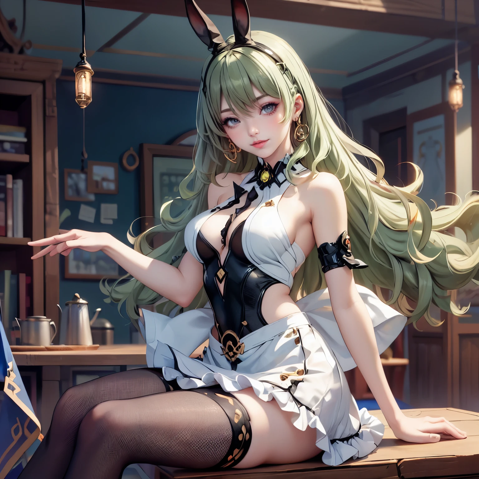 Beidou_(genshin impact), 1girl, dress, jewelry, glow hair, flowing hair, ahoge, armpits, white rabbit ears, maid dress, maid costume, maid apron, Cute face, Very fine clean face, solo, Top quality, Big eyes,Straight Hair, brown hair, Crimson Eye, Subtle light, Natural light,Soft lighting,Light from directly behind, Cute pose, sitting on the bed, Showing the whole body, Front view, maid dress, Beautiful Eyes, Plump and glossy lips, maid dress with too many frills, black maid dress, white laces, white Short skirt, Drape clothes, red gem, frills, luxury details, gold jewelry, more details, best quality, Big sparkling eyes, blushing, sparkle, solo, centered girl, cowboy shot, glowing hair, solo, flowing hair, floating hair, ornament hair, stomach, strapless, streaked hair, thigh gap, thighs, tube top, very long hair