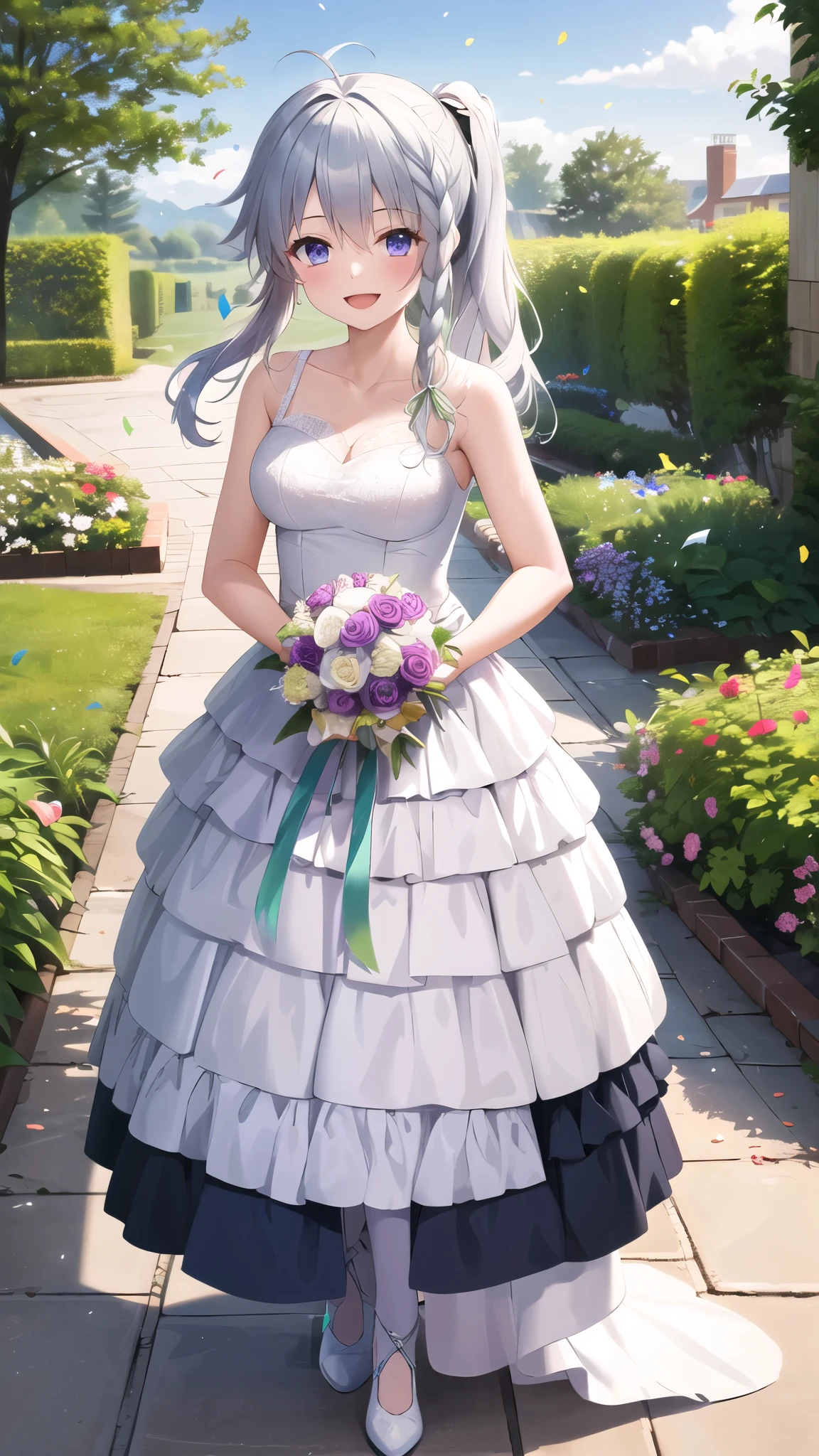 masterpiece, best quality, highres, aasora, braid, long hair, side ponytail, hair ribbon, wedding dress, standing, garden, confetti, holding bouquet, smile, open mouth,