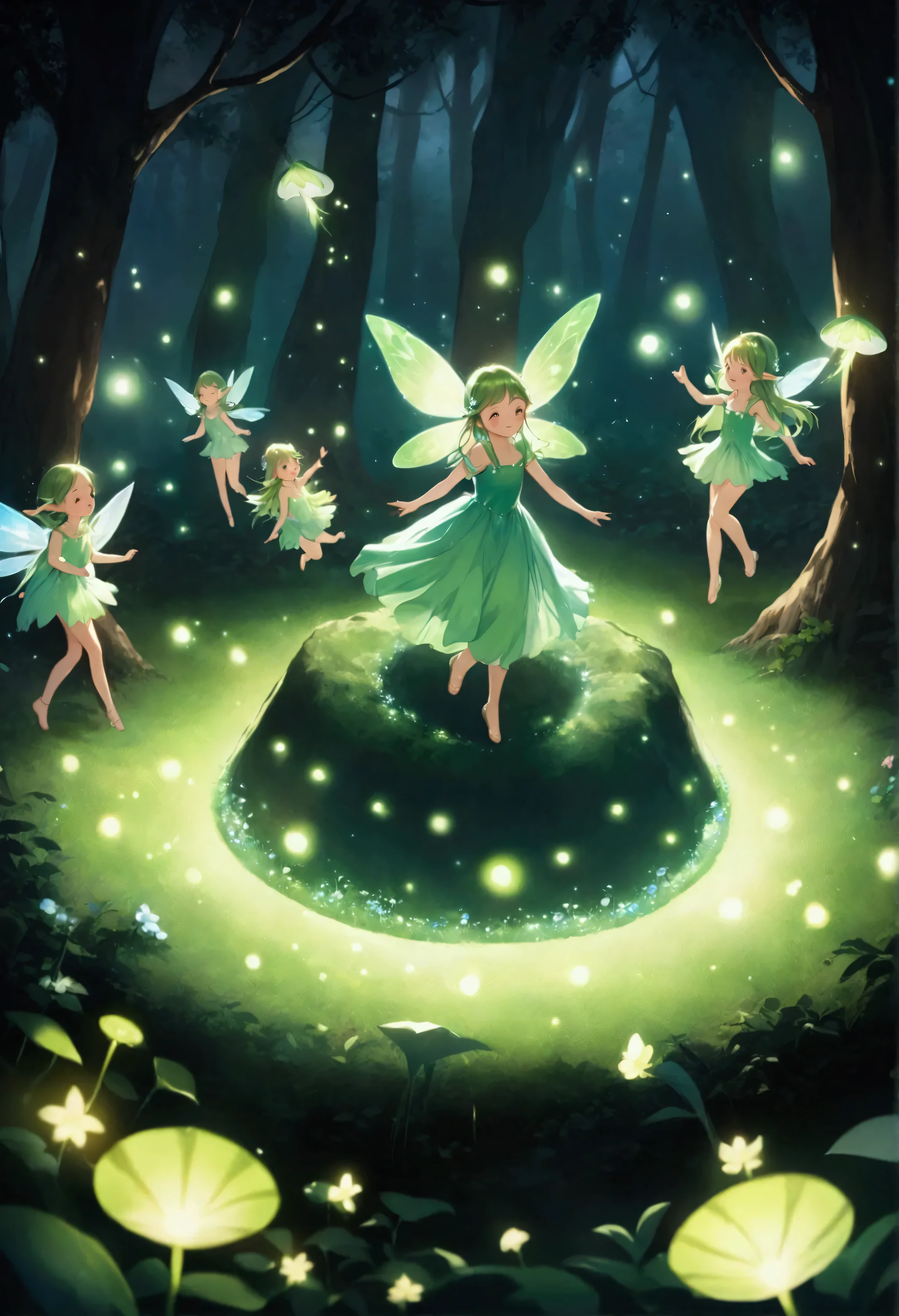 small cute 6+fairies, dancing happily upon fairy ring in the dark forest, Lots of shiny fairy dust , glowing green fairy rings