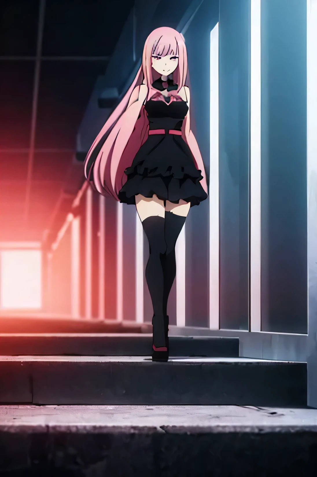 Bnha style,  1 beautiful anime girl ,  long, smooth light pink hair with straight bangs, high,  beautiful and beautiful dark red slanted eyes ,  with long eyelashes,  red shadow next to the eyelids ,  pretty face ,  with a smile on my face . detailed face,  defined face . cute
Clothing : black dress with neckline, sleeveless, little,  layered skirt with ruffles small , black color, black semi-transparent gloves .
warm tones, artistic composition. 2d, Anime style, dynamic pose,  jujutsu kaisen style , anime. good quality, good anatomy, soft. good quality, good anatomy. panoramic shot (best quality, 8K, masterpiece: 1.2), cinematic lighting, dramatic colors,  soft palette 