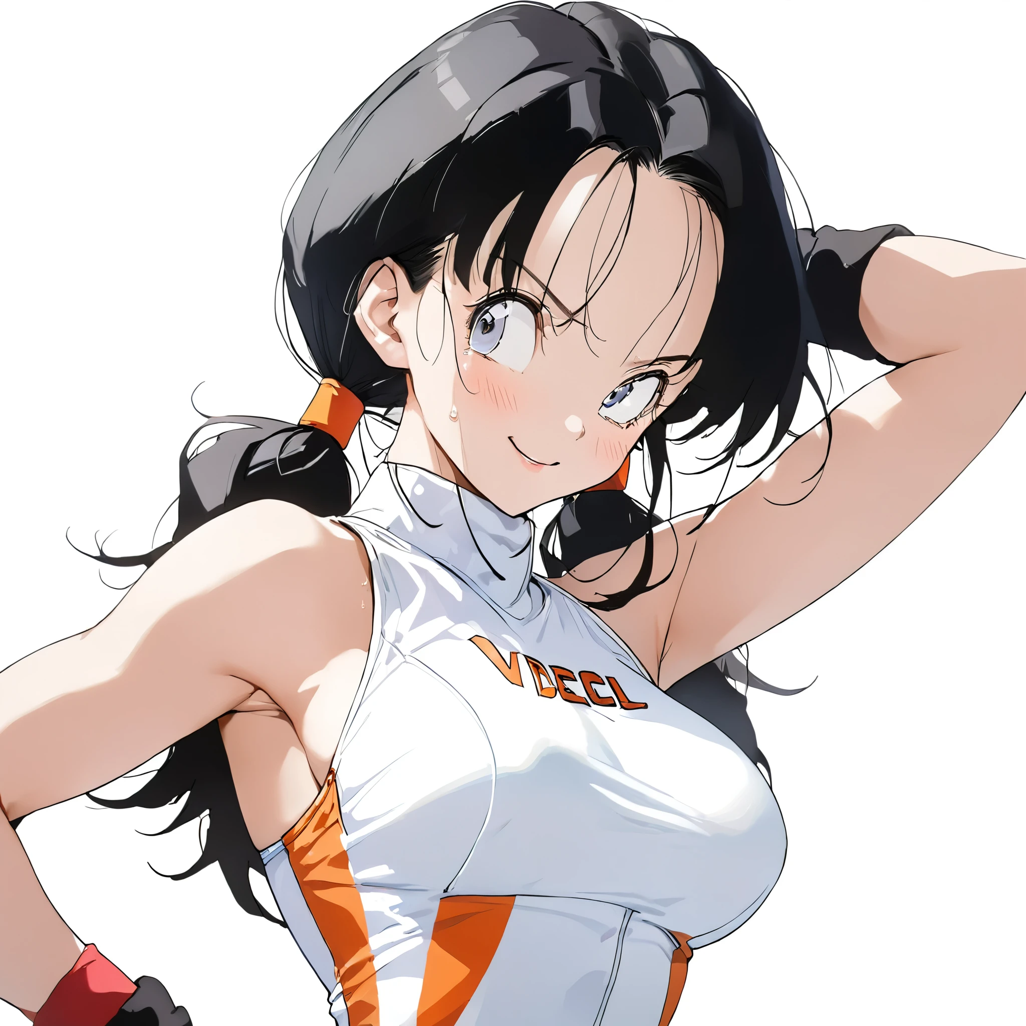 masterpiece, Best Quality, High resolution,16k,super detailed skin, (Videl:1.5),1990s \(style\),C cup beautiful breasts、height: 160cm,Sweating all over the body,athlete Muscular,sexy,1 girl,solo,Anime-style painting style,black short hair,low twintails hair,center parted swept bangs,forehead,boyish,Big eyes、Cool look,Pointed Eyes,(race queen costume:1.5),Muscular,1girl、BRAKE(ahegao:1.2),(Vulgar:1.2),(So stupid:1.1),(orgasm:1.2),happy,smile、Shy、Shyness,Cool look,blush,Anime-style painting style,(closeup),gigantic scale,A composition that shows the full body,cinematic lighting,Superfine,(simple white background:1.5)、(sexy:1.5),Gazing into the distance,, Captivating look, (Amazing views:1.1) ,dynamic angle,sexy pose,