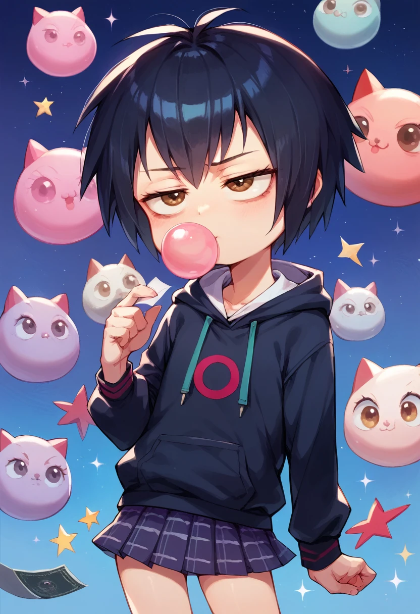 Anime style.  Peni parker, bored face ,bubblegum , (loli body ) flat chest, night moon background,  venon symbiote hoodie. Mini-skirt, badass walpaper 