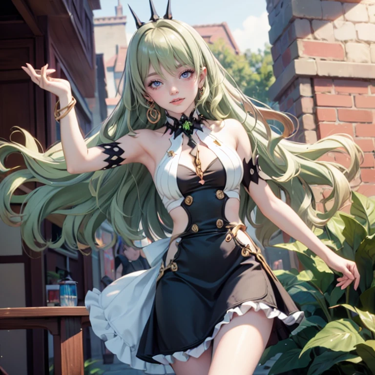 Mobius_(honkai impact), 1girl, dress, jewelry, glow hair, flowing hair, ahoge, armpits, maid dress, maid costume, maid apron, green hair, sitting on the grass, Showing the whole body, Front view, maid dress, maid dress with too many frills, black maid dress, white laces, green gem, frills, luxury details, gold jewelry, more details, best quality, blushing, sparkle, solo, centered girl, cowboy shot, glowing hair, solo, flowing hair, floating hair, ornament hair, stomach, strapless, streaked hair, thigh gap, thighs, tube top, very long hair