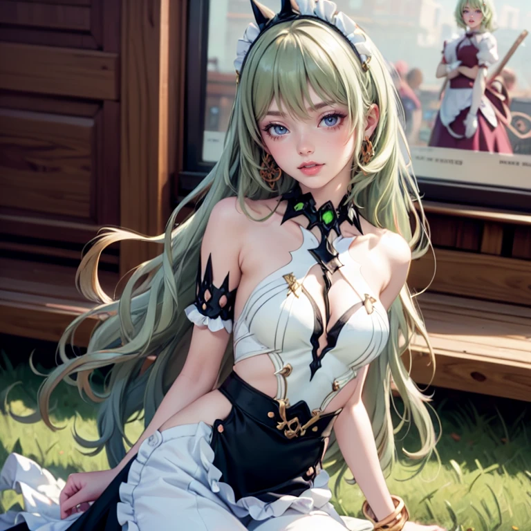 Mobius_(honkai impact), 1girl, dress, jewelry, glow hair, flowing hair, ahoge, armpits, maid dress, maid costume, maid apron, green hair, sitting on the grass, Showing the whole body, Front view, maid dress, maid dress with too many frills, black maid dress, white laces, green gem, frills, luxury details, gold jewelry, more details, best quality, blushing, sparkle, solo, centered girl, cowboy shot, glowing hair, solo, flowing hair, floating hair, ornament hair, stomach, strapless, streaked hair, thigh gap, thighs, tube top, very long hair