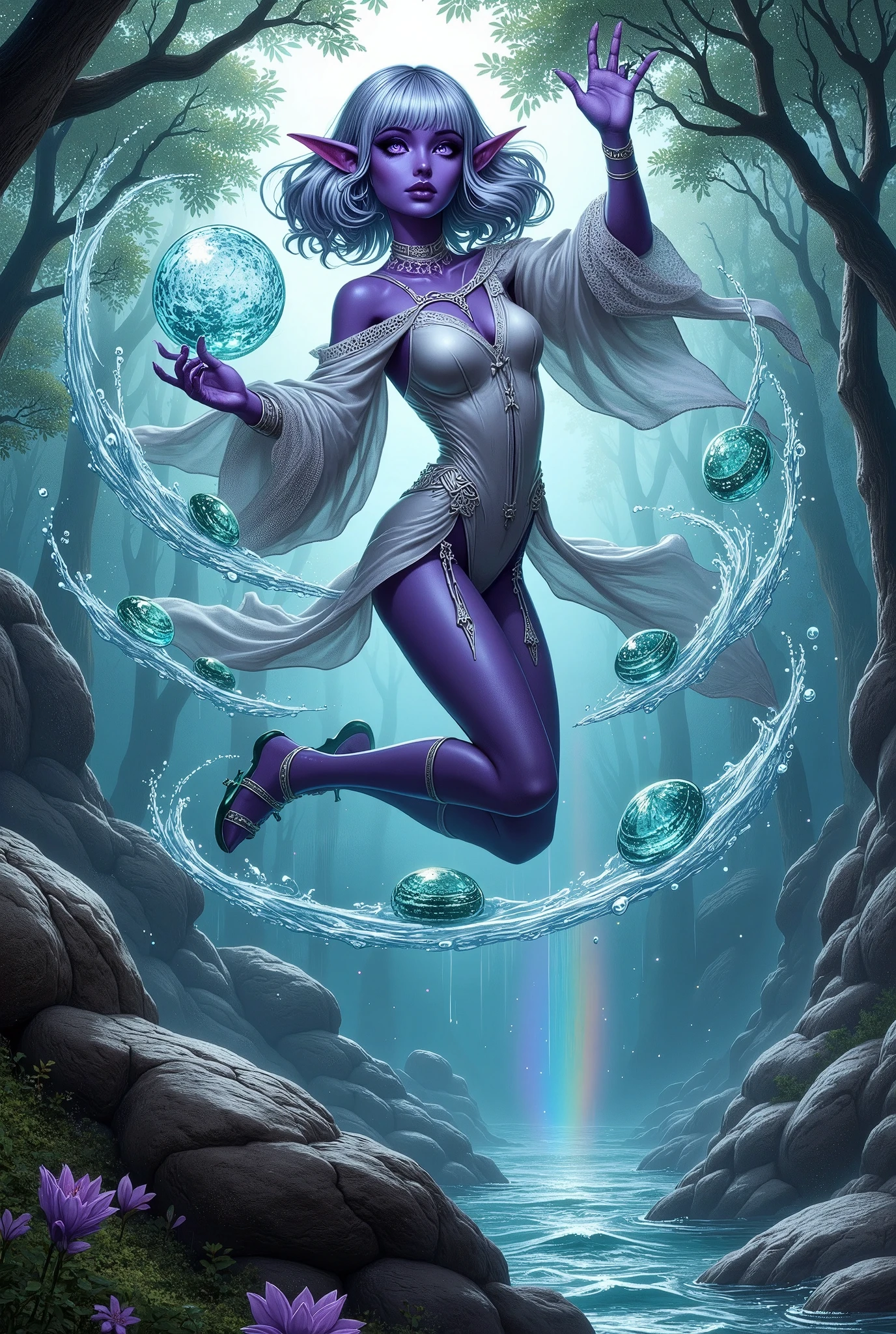 (Ultra-detailed face, Looking away, Fantasy Illustration with Gothic, Rich tone colors.), BREAK 
(A viewpoint looking up at the ground from underwater. A small spring in the forest in the early morning. A female dark elf sorceress jumps from a large rock on the shore of the fountain into the air in a daring pose, arms and legs wide open and turned. The magical power draws the waters of the fountain into a swirl around her body, causing a small rainbow to be seen as water splashes around the area. She changes into her water servant form, ready for battle.), BREAK 
(The dark elf sorceress wears a large lacy collar with a pure white ribbon, and a bodysuit of pure white transparent fabric organdie with layers of thin light blue cords woven into it. She wears sandals of pure white woven silk tape and holds in one hand a dagger engraved with the image of a glass goddess and in the other an icon engraved with the face of the goddess on a thin glass chain, which she holds up to the heavens.), BREAK 
(A young-aged female dark elf sorceress with glossy silver hair and eyebrows, blunt bangs, long hair that is wet and wildly wavy from the water, small pink lips, dark purple skin, lavender eyes, and thick, dark eyeliner around her eyes.), BREAK 
(This is a fountain in the forest, favored by a lush, green, and pure goddess. When the goddess learned that an evil force was approaching, she asked the dark elf female sorceress to protect the forest by bestowing upon her the power of water.)