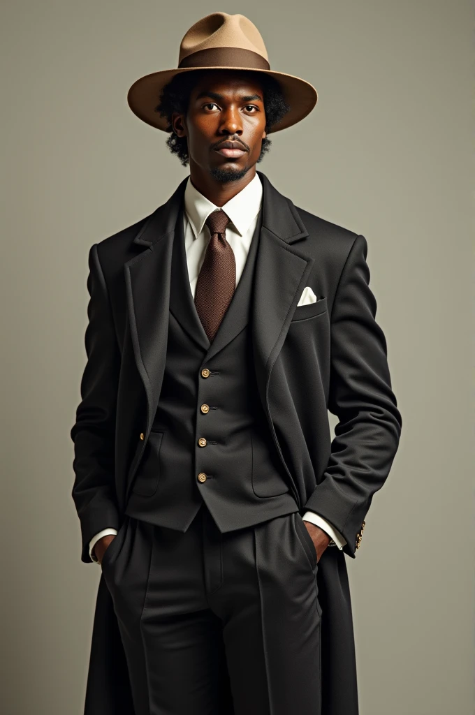 here is a man in a white Panama hat, com uma tira vermelha e gravata rubra em uma plataforma de madeira, com um cinzeiro no topo, Antique piece, homem negro, cinzeiro, Alquimista Steampunk Africano, charuto, inspired by Ceferí Olivé, Figura de argila 3D, estatueta, a suited man in a hat, enquanto fuma um charuto, com charuto, charuto para fumar --auto --s2